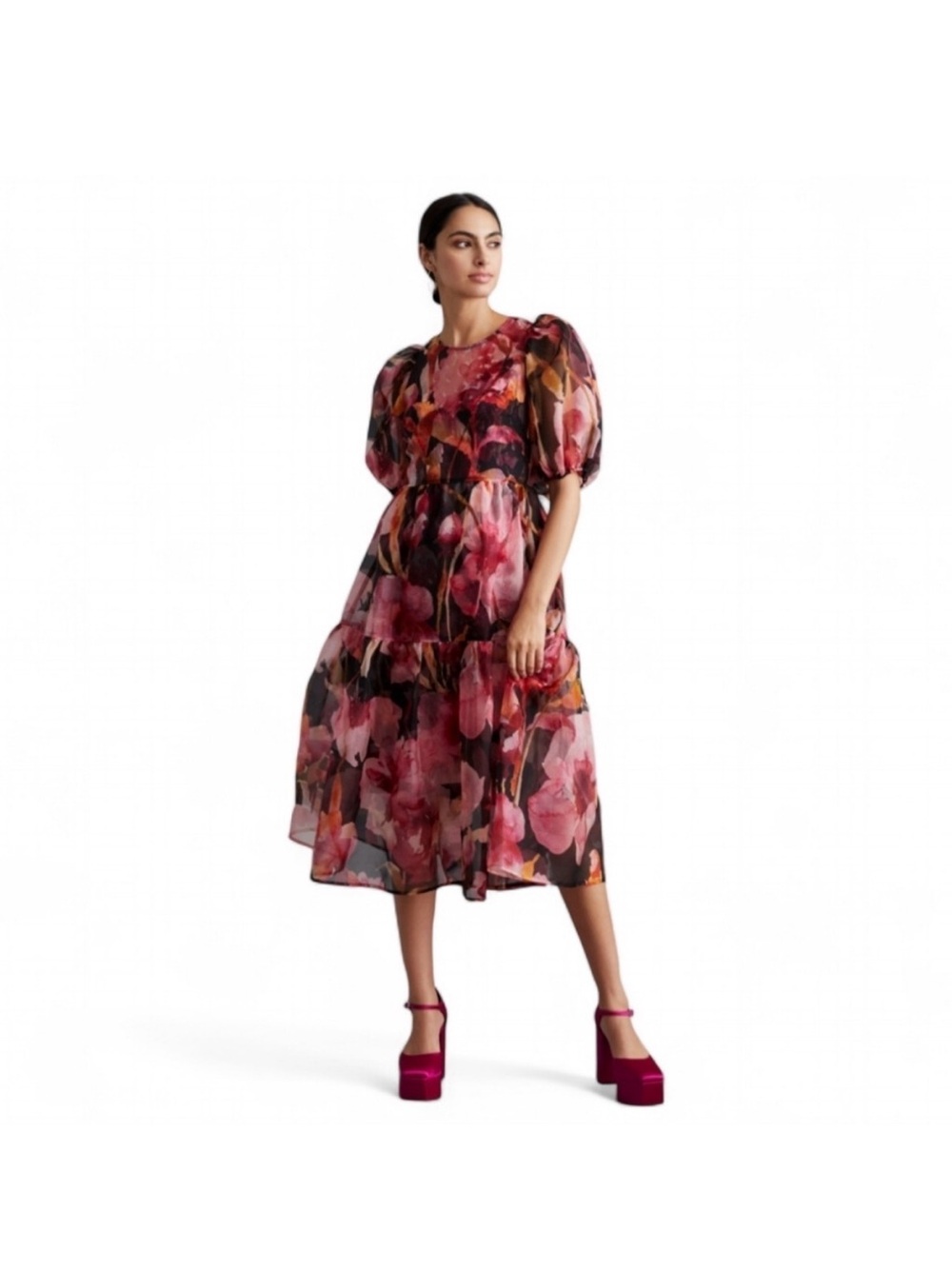 Anthropologie Pink Floral Puff-Sleeve Midi Dress